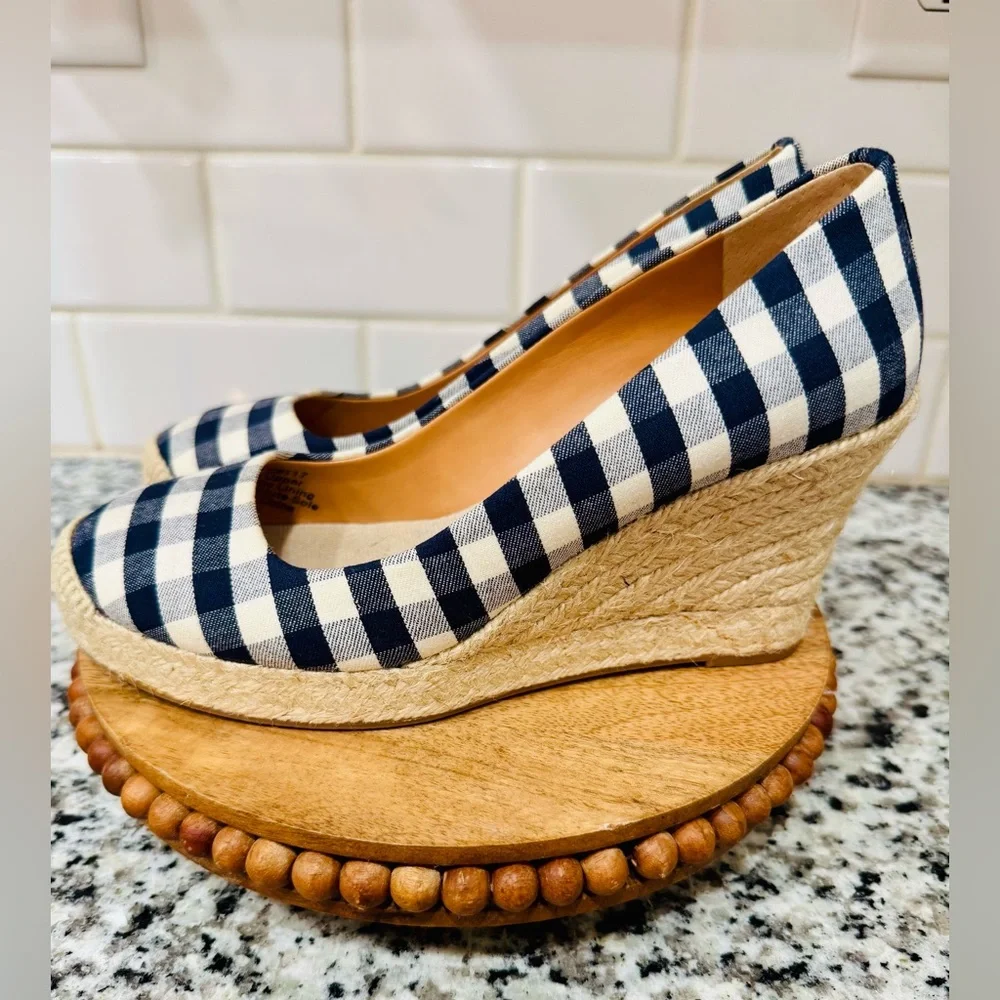 J. Crew Navy‎ and White Gingham Wedge Espadrilles